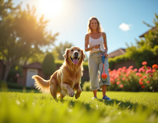 Golden Retriever playing in a garden beside an automatic dog ball launcher