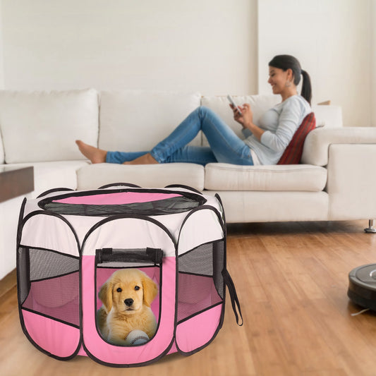 Parque plegable para mascotas — resistente al agua, interior/exterior, rosa o azul
