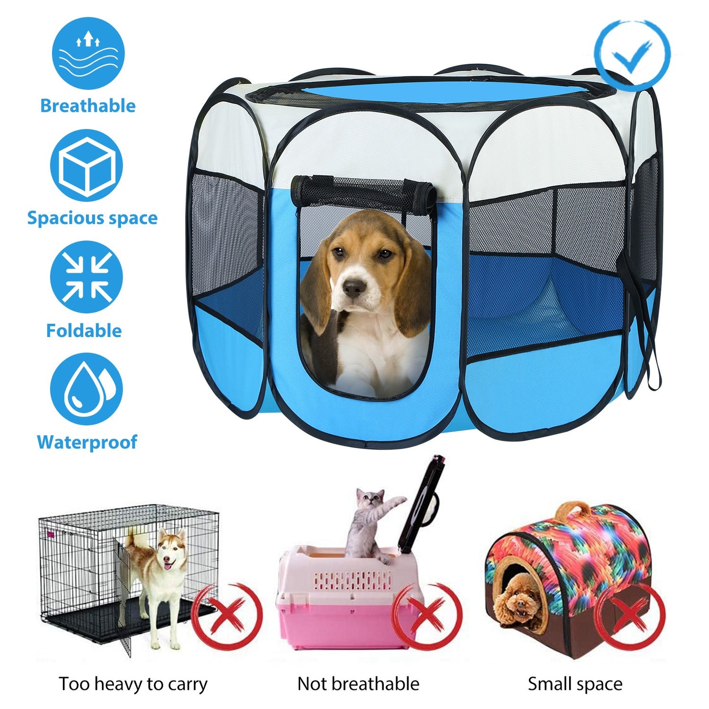 Parque plegable para mascotas — resistente al agua, interior/exterior, rosa o azul
