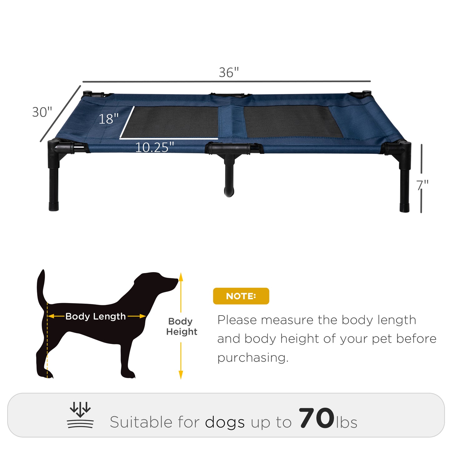 Cama elevada refrescante para perro — 91×76cm, malla ventilada, azul