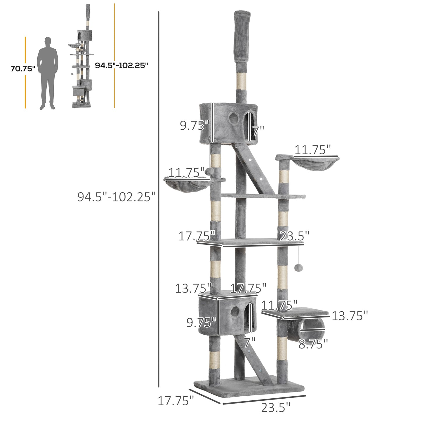 Adjustable Floor-to-Ceiling Cat Tree 240-260 cm — Condos, Hammocks and Scratching Posts
