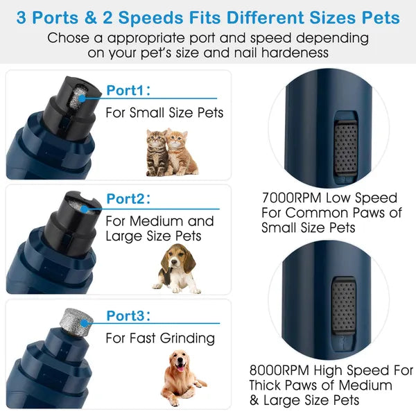 Lima eléctrica de uñas para perro — recargable USB, silenciosa, 2 velocidades